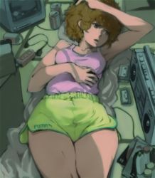 Rule 34 | 1980s (style), 1girl, boombox, brown hair, can, crt, headphones, legs, lying, oldschool, product placement, retro artstyle, short hair, shorts, solo, tank top, television, thighs, tomioka jirou