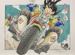 Rule 34 | 3boys, antennae, artist name, black eyes, black hair, blue gloves, clenched teeth, colored skin, dragon ball, dragonball z, dust cloud, gloves, goggles, goggles on head, green gloves, green skin, hammar dobucof, highres, male focus, motor vehicle, motorcycle, multiple boys, open mouth, orange gloves, painting (medium), piccolo, pointy ears, riding, signature, smile, son goku, spiked hair, teeth, traditional media, vegeta, watercolor (medium)