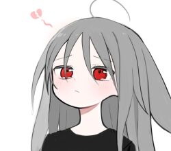 Rule 34 | 1girl, abysmal, animal ears, black shirt, blush, broken heart, character request, closed mouth, ears down, furrowed brow, grey hair, heart, kokaki mumose, long hair, looking at viewer, portrait, raised eyebrows, red eyes, sad, shirt, simple background, solo, tearing up, upturned eyes, white background