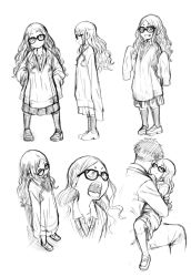 Rule 34 | 1boy, 1girl, angry, cardigan, collared shirt, closed eyes, full body, fumitan (humitan), glasses, greyscale, height difference, hug, loafers, long hair, monochrome, multiple views, open mouth, original, oversized clothes, pleated skirt, school uniform, shirt, shoes, sketch, skirt, sleeves past fingers, sleeves past wrists, smile, wavy hair