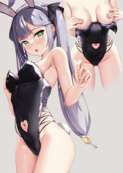 Rule 34 | 1girl, absurdres, animal ears, ass, bare arms, bare shoulders, black leotard, black ribbon, blush, breasts, clothing cutout, coin, covering nipples, covering privates, cowboy shot, fake animal ears, genshin impact, green eyes, grey background, hair ornament, hair ribbon, hairband, highres, holding, holding coin, leotard, looking at viewer, medium breasts, mona (genshin impact), multiple views, navel, navel cutout, parted lips, playboy bunny, purple hair, rabbit ears, rabbit tail, ribbon, simple background, skai kun, tail