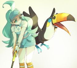 Rule 34 | 1girl, ahoge, ankea (a-ramo-do), aqua headwear, collared shirt, commentary request, creatures (company), eyelashes, feet out of frame, game freak, gen 7 pokemon, golf club, green eyes, green hair, highres, holding, holding golf club, kahili (pokemon), knees, leaning forward, long hair, looking to the side, nintendo, orange thighhighs, over-kneehighs, parted lips, pokemon, pokemon (creature), pokemon sm, shirt, short sleeves, skirt, striped clothes, striped shirt, thighhighs, toucannon, visor cap