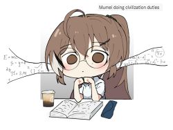 Rule 34 | 1girl, ahoge, bad id, bad twitter id, bags under eyes, bespectacled, book, brown eyes, brown hair, coffee cup, cup, disposable cup, english text, glasses, glasses case, gyaheung, hair ornament, hair tie, hairclip, hololive, hololive english, hood, hoodie, long hair, math, multicolored hair, nanashi mumei, ponytail, short sleeves, starbucks siren, streaked hair, very long hair, virtual youtuber, white hoodie