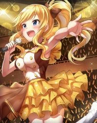 Rule 34 | 10s, 1girl, blonde hair, blue eyes, bow, breasts, brown skirt, buttons, choker, frilled skirt, frills, glowstick, hair bow, idolmaster, idolmaster cinderella girls, leg up, lens flare, long hair, microphone, ohtsuki yui, open mouth, outstretched arm, ponytail, skirt, smile, solo, sparkle, star (symbol), star print, takeashiro, wavy hair, yellow skirt
