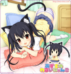 Rule 34 | 00s, 1girl, :3, all fours, animal ears, ass, bent over, black hair, blush, brown eyes, butt crack, cat ears, cat tail, frilled pillow, frills, k-on!, long hair, nagisawa yuu, nakano azusa, panties, paw pose, pillow, school uniform, skirt, socks, solo, striped clothes, striped panties, tail, top-down bottom-up, twintails, underwear