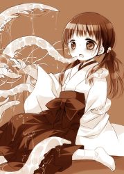 Rule 34 | 1girl, bell, blush, bow, brown background, commentary request, crying, crying with eyes open, hair bell, hair ornament, hair ribbon, hakama, hakama skirt, japanese clothes, jingle bell, kimono, long hair, long sleeves, low twintails, miko, monochrome, open mouth, original, ribbon, sakurazawa izumi, simple background, sitting, skirt, socks, solo, tabi, tears, tentacles, twintails, wariza, wide sleeves