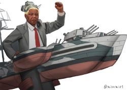 Rule 34 | black eyes, black pants, blonde hair, cannon, collared shirt, crossover, dark-skinned male, dark skin, formal, grey jacket, headgear, jacket, kantai collection, long sleeves, machinery, male focus, misumi (niku-kyu), name connection, necktie, nelson (kancolle), nelson mandela, old, old man, pants, radio antenna, real life, red necktie, shirt, simple background, solo, standing, suit, turret, twitter username, white background, white shirt