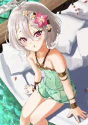 Rule 34 | 1girl, :o, antenna hair, bead necklace, beads, bracelet, chen bingyou, elf, eyelashes, flat chest, flower, hair between eyes, hair flower, hair ornament, highres, jewelry, kokkoro (princess connect!), kokkoro (summer) (princess connect!), looking at viewer, necklace, one-piece swimsuit, petals, pillow, pink eyes, pointy ears, pool, princess connect!, silver hair, sitting, skirt, solo, swimsuit, thighs, wading, water