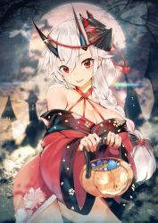 Rule 34 | 1girl, :p, bare shoulders, basket, black bow, blush, bow, braid, breasts, candy, castle, cleavage, contrapposto, cowboy shot, fate/grand order, fate (series), food, food-themed hair ornament, fox mask, full moon, hair between eyes, hair bow, hair ornament, halloween, halterneck, head tilt, holding, holding basket, horns, jack-o&#039;-lantern, japanese clothes, kimono, large breasts, long hair, long sleeves, looking at viewer, mask, mask on head, moon, night, off shoulder, oni horns, outdoors, pumpkin, pumpkin hair ornament, red kimono, single braid, smile, solo, teddy (khanshin), tomoe gozen (fate), tongue, tongue out, wide sleeves