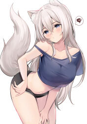 Rule 34 | 1girl, animal ear fluff, animal ears, asymmetrical shirt, asymmetrical sleeves, bare shoulders, black shorts, blue eyes, blue shirt, blush, closed mouth, collarbone, commentary, double-parted bangs, grey hair, hair between eyes, hair intakes, highres, kemonomimi mode, leaning forward, long hair, looking ahead, midriff, mole, mole on thigh, navel, original, ry thae, sanyu (ry thae), shirt, short shorts, short sleeves, shorts, simple background, solo, stomach, strap slip, symbol-only commentary, tail, tail raised, white background, wolf ears, wolf girl, wolf tail