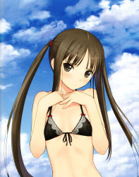 Rule 34 | 00s, 1girl, absurdres, bare shoulders, black bra, blue sky, bra, brown eyes, brown hair, cloud, day, fault!!, flat chest, front-tie top, frown, hands on own chest, head tilt, highres, lingerie, long hair, petite, scan, sky, solo, sugiyama mio, tony taka, twintails, underwear, upper body