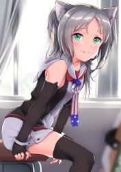 Rule 34 | 1girl, american flag, american flag print, animal ear fluff, animal ears, arm support, azur lane, black gloves, black shirt, blurry, blurry background, cat ears, classroom, commentary request, curtains, day, depth of field, desk, elbow gloves, erection, fingerless gloves, fingernails, flag print, gloves, green eyes, highres, indoors, leaning forward, long hair, looking at viewer, looking to the side, on desk, parted lips, print neckwear, school desk, shirt, silver hair, sims (azur lane), sitting, on desk, skirt, sleeveless, sleeveless shirt, solo, sunlight, tsukiman, white skirt, window