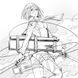 Rule 34 | 1girl, boots, dual wielding, greyscale, holding, jacket, knee boots, lineart, looking at viewer, mikasa ackerman, monochrome, parted lips, scarf, shingeki no kyojin, short hair, sine, solo, sword, thigh strap, three-dimensional maneuver gear, weapon