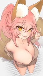 Rule 34 | 1girl, alternate hairstyle, animal ear fluff, animal ears, bad id, bad twitter id, blush, breasts, cleavage, collarbone, fate/extella, fate/extra, fate/grand order, fate (series), foreshortening, fox ears, fox girl, fox shadow puppet, fox tail, highres, large breasts, looking at viewer, looking up, perspective, pink hair, ponytail, solo, tail, tamamo (fate), tamamo no mae (fate/extra), tongue, uminosobadashi, yellow eyes