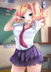 Rule 34 | 1girl, alternate costume, arms up, between breasts, blonde hair, blue eyes, blue skirt, blurry, blurry background, blush, breasts, classroom, clock, drill hair, giraffe (ilconte), hand in own hair, honolulu (kancolle), indoors, kantai collection, large breasts, long hair, looking at viewer, necktie, necktie between breasts, open mouth, pleated skirt, red necktie, school uniform, shirt, short sleeves, signature, skirt, solo, twin drills, twitter username, white shirt