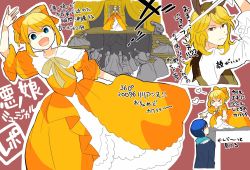Rule 34 | &gt;3&lt;, &gt; &lt;, 1girl, 2boys, 7:24, aku no musume (vocaloid), animal ears, blonde hair, blowing kiss, blue eyes, blue hair, blue scarf, bow, bowing, brown hair, dress, hair bow, heart, highres, horse boy, horse ears, kagamine rin, kaito (vocaloid), kneeling, kyle marlon, multicolored hair, multiple boys, open mouth, outstretched arms, personification, riliane lucifen d&#039;autriche, scarf, sketch, stage, stage curtains, stairs, throne, translation request, two-tone hair, unamused, vocaloid, yellow dress