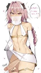 Rule 34 | 1boy, astolfo (fate), blush, braid, braided ponytail, clothes lift, cowboy shot, crossdressing, elbow gloves, erection, fate/grand order, fate (series), gloves, hair ribbon, harem outfit, heart, highres, lifting own clothes, looking at viewer, male focus, midriff, miniskirt, mouth veil, multicolored hair, nabibutter, navel, penis, pink eyes, pink hair, ribbon, simple background, skirt, skirt lift, streaked hair, testicles, thigh strap, trap, trembling, veil, white gloves