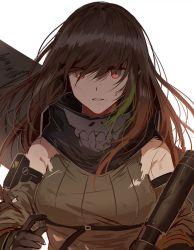 Rule 34 | arm strap, assault rifle, bandana, black gloves, black hair, black ribbon, dress, floating hair, girls&#039; frontline, gloves, green dress, green eyes, green hair, green sweater, gun, hair between eyes, hand up, holding, holding gun, holding weapon, injury, looking at viewer, m4 carbine, m4a1 (girls&#039; frontline), m4a1 (mod3) (girls&#039; frontline), mod3 (girls&#039; frontline), open mouth, ribbon, rifle, sidelocks, silence girl, simple background, solo, strap, sweater, sweater vest, torn clothes, weapon, weapon case, white background, wind