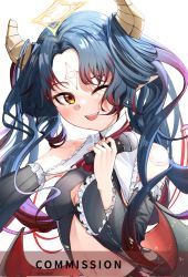 Rule 34 | 1girl, artist name, belly, black hair, commission, commissioner upload, demon girl, dress, fingernails, highres, horns, idol corp, lily sin, long hair, looking at viewer, microphone, multicolored hair, navel, nose, one eye closed, pointy ears, simple background, teeth, virtual youtuber, watermark, wings, wink