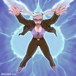 Rule 34 | 1girl, absurdres, aegis reflector, alternate hair color, arms up, belt, bespectacled, blue eyes, breasts, cleavage, commentary, cosplay, electricity, energy ball, english commentary, fang, forehead jewel, formal, full body, glasses, grey hair, grey suit, highres, large breasts, long hair, motion blur, pants, pinstripe jacket, pinstripe pants, pinstripe pattern, pinstripe suit, plunging neckline, pointy footwear, purple shirt, quasimodox, rainbow mika, shirt, solo, street fighter, street fighter v, striped, suit, twintails, urien, urien (cosplay), very long hair