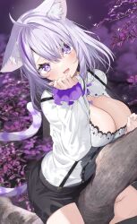 Rule 34 | 1girl, :d, ahoge, animal ear fluff, animal ears, black shorts, blurry, blurry background, breasts, cat ears, cat girl, cat tail, commentary request, depth of field, grey hair, hair over one eye, hand up, heart on chest, highres, hololive, in tree, kamioka shun&#039;ya, large breasts, long hair, long sleeves, looking at viewer, multicolored hair, nekomata okayu, nekomata okayu (wonderland), open mouth, puffy long sleeves, puffy sleeves, purple eyes, purple hair, shirt, short shorts, shorts, sleeves past wrists, smile, solo, streaked hair, striped tail, suspender shorts, suspenders, tail, tree, virtual youtuber, white shirt