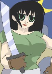 Rule 34 | absurdres, black hair, breasts, highres, holding, jitome, large breasts, messy hair, moon, night, night sky, original, poverty, sky, sword, weapon
