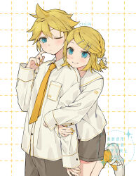 1boy 1girl arm_hug artist_name blonde_hair blue_eyes blush brother_and_sister closed_mouth collared_shirt commentary cowboy_shot ctd_114 grey_shorts grid_background grin hair_ornament hairclip hand_up highres hug hug_from_behind kagamine_len kagamine_rin leg_up long_sleeves nail_polish necktie one_eye_closed shirt shoes short_hair shorts siblings smile socks symbol-only_commentary vocaloid watermark white_footwear white_shirt yellow_nails yellow_necktie yellow_socks