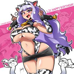 Rule 34 | &gt; &lt;, 1girl, animal ears, black hairband, blunt bangs, blush, breasts, center opening, character name, cleavage, cow ears, cow girl, cow horns, cow tail, dated, detached sleeves, fake horns, futami ami, futami mami, hairband, highres, horns, idolmaster, idolmaster (classic), kouichi (kouichi-129), large breasts, leotard, long hair, looking down, navel, open mouth, pointing, pointing up, purple eyes, shijou takane, silver hair, solo focus, tail, thick thighs, thigh gap, thighhighs, thighs, underboob, wrist cuffs, zoom layer