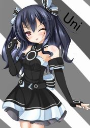 Rule 34 | 10s, 1girl, :p, ahhien, atsuhien, bad id, bad pixiv id, bare shoulders, black hair, character name, elbow gloves, gloves, hair ornament, hair ribbon, highres, long hair, neptune (series), one eye closed, red eyes, ribbon, simple background, solo, tongue, tongue out, twintails, two side up, uni (neptunia)