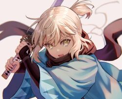 Rule 34 | 1girl, black scarf, blonde hair, blurry, bomberca309, depth of field, fate/grand order, fate (series), haori, highres, holding, holding sword, holding weapon, japanese clothes, katana, looking at viewer, okita souji (fate), okita souji (koha-ace), open mouth, ponytail, scarf, simple background, solo, sword, teeth, upper body, upper teeth only, weapon, white background, yellow eyes