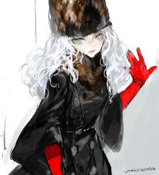 Rule 34 | 1girl, closed mouth, dated, elbow gloves, fur hat, fur trim, gloves, green eyes, hair between eyes, hand on wall, hat, long sleeves, looking at viewer, original, painterly, red gloves, signature, sketch, solo, uroko (mnr), wide sleeves, winter clothes
