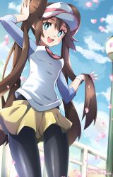 Rule 34 | 1girl, :d, black pantyhose, blush, bow, breasts, bright pupils, brown hair, cloud, commentary request, creatures (company), day, double bun, fence, from below, game freak, green eyes, hair bun, highres, long hair, looking at viewer, miyama (yakinikusushi the royal), nintendo, open mouth, outdoors, pantyhose, pantyhose under shorts, petals, pink bow, pokemon, pokemon bw2, raglan sleeves, rosa (pokemon), shirt, short shorts, shorts, sky, smile, solo, teeth, tongue, twintails, twitter username, upper teeth only, visor cap, white pupils, yellow shorts