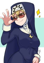 Rule 34 | 1girl, adjusting eyewear, blonde hair, blue background, border, breasts, covered navel, cowboy shot, cross, cross necklace, double (skullgirls), closed eyes, habit, highres, jewelry, large breasts, necklace, nun, painting fish, skullgirls, smile, solo, sparkle, sunglasses, white border