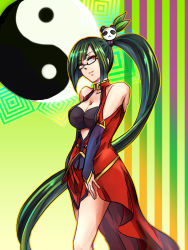 Rule 34 | 1girl, arc system works, bare shoulders, black bra, black hair, blazblue, blazblue: calamity trigger, bra, breasts, china dress, chinese clothes, dress, female focus, glasses, gradient background, lao jiu, litchi faye ling, long hair, red eyes, solo, sora985, underwear, very long hair, yin yang