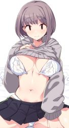 Rule 34 | 1girl, bed, bed sheet, bedroom, black eyes, black skirt, blush, bra, breasts, closed mouth, clothes lift, female focus, grey hair, grey hoodie, grey shirt, grey sweater, groin, hand on breast, hand on own chest, highleg, highleg panties, highres, hood, hoodie, hoodie lift, large breasts, lifted by self, long sleeves, midriff, mob face, navel, open clothes, original, panties, pantyshot, pillow, pleated skirt, raised eyebrows, shirt, shirt lift, short hair, simple background, skindentation, skirt, solid oval eyes, solo, stomach, sweater, sweater lift, thick thighs, thighs, underwear, upskirt, wardrobe malfunction, wazukani, white background, white bra, white panties, | |