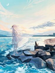 Rule 34 | 1girl, :d, barefoot, beach, black cat, blue eyes, blue sky, cat, cloud, commentary, crescent moon, dress, evening, floating hair, flower, from side, hat, hat flower, highres, horizon, ivelovedsekaowa, long hair, looking at viewer, moon, ocean, on rock, open mouth, original, outdoors, rock, scenery, skirt hold, sky, smile, solo, standing, standing on rock, sun hat, sundress, transparent, water, waves, white dress, white hair, white hat, wide shot, wind