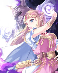 Rule 34 | 1girl, arm up, armor, belt, blonde hair, blue eyes, blush, bracer, cape, circlet, commentary request, dress, earrings, gloves, gown, highres, jewelry, long hair, necklace, nintendo, open mouth, parted bangs, pearl necklace, phantom (zelda), pointy ears, princess zelda, short sleeves, super smash bros., sword, tabard, the legend of zelda, the legend of zelda: a link between worlds, the legend of zelda: a link to the past, the legend of zelda: spirit tracks, tiara, tomas (kaosu22), triforce, upper body, weapon, white cape, white dress
