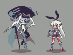 Rule 34 | 2girls, abyssal ship, bad id, bad pixiv id, cane, commentary request, kantai collection, long hair, multiple girls, pixel art, rensouhou-chan, sakuemon, shimakaze (kancolle), simple background, striped clothes, striped legwear, striped thighhighs, thighhighs, wo-class aircraft carrier