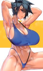 Rule 34 | 1girl, abs, absurdres, anima (togashi), arms up, black hair, breasts, highres, huge breasts, looking at viewer, muscular, muscular female, original, short hair, solo, sunglasses, tomboy, white background