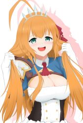 Rule 34 | ahoge, ascot, blue eyes, blue sleeves, braid, breasts, bunching hair, cleavage, grabbing own hair, green eyes, hair ribbon, highres, kazuki (kazulive 28), large breasts, open mouth, orange hair, pecorine (princess connect!), princess connect!, red ascot, red ribbon, ribbon, shrug (clothing), side braid, single shoulder pad, tiara, white background