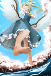Rule 34 | 1girl, barefoot, bloomers, blue dress, bow, bowtie, chabi (amedama), cherry blossoms, daiyousei, dated, day, dress, fairy wings, frills, from below, full body, green eyes, green hair, hair ornament, hair ribbon, jpeg artifacts, matching hair/eyes, one eye closed, open mouth, petals, puffy sleeves, ribbon, short hair with long locks, short sleeves, side ponytail, smile, solo, touhou, underwear, vest, water, wings