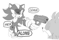 Rule 34 | 2boys, aiming, anger vein, angry, clenched teeth, fangs, furious, furry, furry male, glaring, goosebumps, grimace, gun, holding, holding gun, holding weapon, kiioki11, multiple boys, pointing, pointing at another, scared, shaded face, shadow the hedgehog, sonic (series), spoken anger vein, teeth, threat, v-shaped eyebrows, veins, weapon