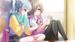 Rule 34 | 2girls, blue hair, bottle, brown hair, cygames, green towel, highres, holding, holding phone, hyodou shizuku, idoly pride, indoors, knees up, looking at phone, messy hair, mirror, multiple girls, official art, open mouth, orange eyes, pants, phone, purple eyes, reflection, shiraishi chisa, short sleeves, shorts, sitting, sweat, thermos, towel, very sweaty, water bottle, white towel, wiping face, wiping sweat, yoga pants