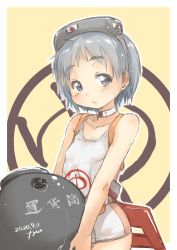 Rule 34 | 1girl, ball, beige background, border, cowboy shot, diving mask, diving mask on head, explosive, flotation belt, fp-45 liberator, fyuo, goggles, goggles on head, grey eyes, grey hair, gun, handgun, highres, kantai collection, looking at viewer, mark 10 (naval mine), maru-yu (kancolle), mine (weapon), naval mine, one-piece swimsuit, parted bangs, school swimsuit, short hair, solo, swimsuit, thick eyebrows, weapon, white border, white one-piece swimsuit