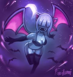 Rule 34 | 1girl, animal ears, bat ears, bat wings, black gloves, breasts, cleavage, colored skin, creatures (company), crescent moon, fangs, foxilumi, game freak, gen 1 pokemon, gloves, grey skin, hair over face, large breasts, monster girl, moon, nintendo, open mouth, personification, pokemon, silver hair, solo, underwear, wings, zubat