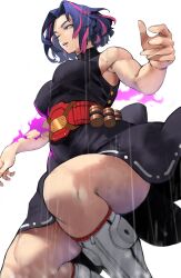 Rule 34 | 1girl, absurdres, belt, black dress, boku no hero academia, boots, breasts, commentary request, dress, feet out of frame, highres, knee boots, lady nagant, large breasts, looking at another, looking away, looking to the side, midair, multicolored hair, muscular, muscular female, pink hair, purple eyes, purple hair, rain, red belt, short hair, simple background, sleeveless, sleeveless turtleneck, solo, streaked hair, turtleneck, two-tone hair, wet, wet clothes, white background, white footwear, yoshio (55level)