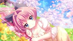 Rule 34 | 1girl, blanket, blue eyes, blue sky, bow, breasts, cherry blossoms, cleavage, collarbone, day, dot nose, dress, dutch angle, film grain, flower, game cg, grass, hair bow, hair intakes, hiiragi kae, izumi tsubasu, large bow, lens flare, looking at viewer, lying, medium breasts, non-circular lens flare, non-web source, official art, on side, orange flower, outdoors, parted lips, pink hair, plaid blanket, purple bow, re:stage!, shirt, short hair, short sleeves, sky, solo, sparkle, white shirt, yellow dress, yellow flower