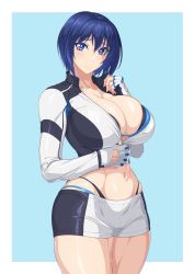 Rule 34 | 1girl, bikini, bikini under clothes, black jacket, black shorts, blue background, blue bikini, blue eyes, blue hair, blush, breasts, cleavage, closed mouth, collarbone, commentary request, cowboy shot, cropped jacket, dolphin wave, fingerless gloves, gloves, groin, hair between eyes, hand up, highres, jacket, large breasts, layered bikini, long sleeves, looking at viewer, midriff, multicolored clothes, multicolored jacket, navel, ozaneko, partial commentary, short hair, short shorts, shorts, sidelocks, smile, solo, standing, swimsuit, tojou michiru, two-tone jacket, white gloves, white jacket, white shorts, zipper, zipping