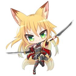 Rule 34 | 1girl, animal ears, armpits, black dress, black thighhighs, blonde hair, blush, character request, chibi, closed mouth, commentary request, dress, dual wielding, fox ears, fox girl, fox tail, full body, green eyes, holding, holding sword, holding weapon, hop step jumpers, jacket, lets0020, looking at viewer, multiple tails, open clothes, open jacket, outstretched arms, red footwear, red jacket, scabbard, sheath, shoes, sidelocks, simple background, sleeveless, sleeveless dress, smile, sneakers, solo, spread arms, sword, tail, thighhighs, transparent background, two tails, v-shaped eyebrows, weapon