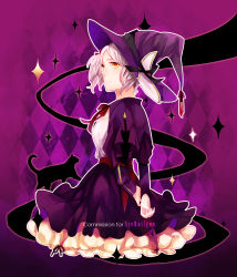 Rule 34 | 1girl, arms behind back, borrowed character, capelet, cat, cecilia (acerailgun), dress, hat, original, purple background, purple theme, ravee of titans, solo, white hair, witch, witch hat, yellow eyes